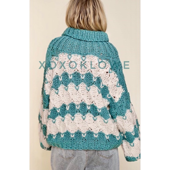 POL Teal & Ivory Striped Chunky Knit Turtleneck Sweater Relaxed Fit - Picture 8 of 12